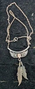 Navajo Sterling Silver Pink Mother Of Pearl Necklace w/ Feather Dangles size 20" - Picture 1 of 3