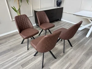 Splendido Set di 4 Sedie da Pranzo Girevoli in Pelle Marrone Marte Villaggio - Foto 1 di 12