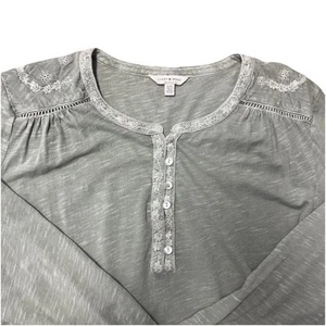 Lucky Brand Green Coquette Top Button 3/4 Sleeve Boho 100% Cotton Embroidered - Picture 1 of 11