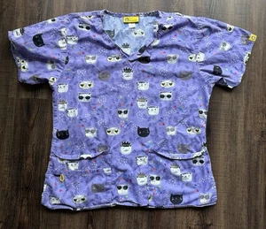 WonderWinkTop Womens Small Purple Stretch Scrub Top Pockets Cats Flowers Leaves - Picture 1 of 3