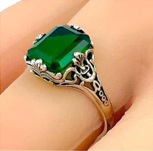 ANTIQUE DESIGN 925 STERLING SILVER SIMULATED EMERALD FILIGREE RING  #1337 - Picture 1 of 3