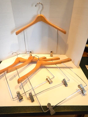 Lot 4 Vintage Curved Wood Suit Coat Hangers Metal Pants Skirt Clips LONG - Image 1 of 4