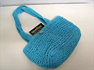 100% Paper Straw Handbag 2 Shoulder Straps Button-close-13"X 8.5" Turquoise - Picture 1 of 4