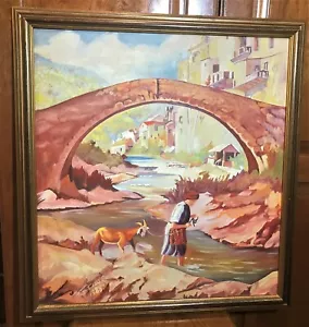 Pintura De Colección 21"x20" Tablero Puente Niña Cabra Pueblo Agua Naranja Rosa SGN KATAY - Imagen 1 de 7