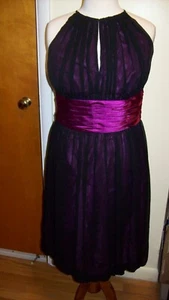 London Style Black Sheer Magenta Lined Empire Waist Bubble Cocktail Dress sz 12 - Picture 1 of 7