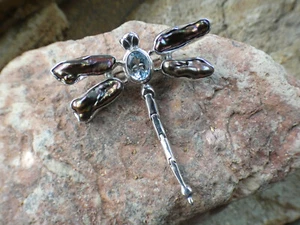 Dragonfly Peacock Mabe Pearl Blue Citrine Sterling Silver Pin Brooch Pendant AL5 - Picture 1 of 10