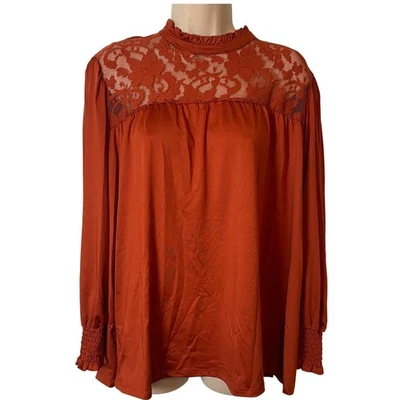 CATO Women's Lace Trim Top Blouse Size XL Rust Color Stretch Romantic Peasant - Image 1 of 4