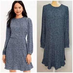 NWT LOFT Leopard Print Ruffle Shift Dress Size 12 Blue Multi Long Sleeve - Picture 1 of 12