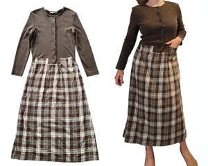 Vintage Sisley Italy Wool Plaid Apron Dress Sz XS Preppy Dark Academia Professor - Picture 1 of 16