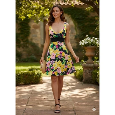 Vestido B.Smart Talla 10 Brillante Floral Imperio Cintura Corbata Sin Mangas Ajuste y Acampanado Y2K Foto 1 de 4