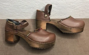 *Read* SANITA Size 7 / EU 38 Brown Leather Mary Jane Heeled Clogs Made in POLAND - Picture 1 of 18