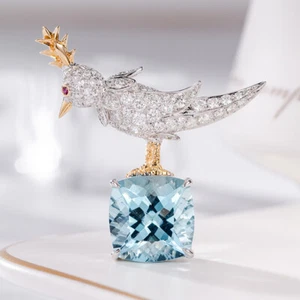 New Full Stone Bird Square Blue Topaz Gems Silver Women Girl Necklace Brooch