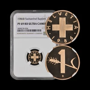 SWITZERLAND. 1986, 1 Rappen - NGC PF69 - Top Pop🥇 Swiss Cross, Wheat Spike RARE - Picture 1 of 6