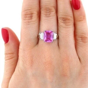 14K White Gold Radiant-Cut Pink Tourmaline 3-Stone Anniversary Ring with Accents - Picture 1 of 4