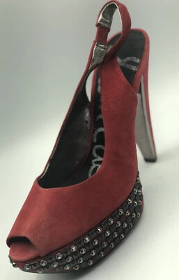 Sapatos femininos Sam Edelman Peep Toe Slingback 9.M plataforma bomba camurça vermelha 5” saltos - Imagem 1 de 4