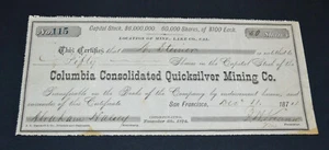 Columbia Consolidated Quicksilver Mining Co. 1874 stock certificate - California - Picture 1 of 1