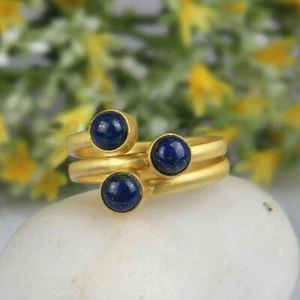 Lapis Lazuli Asymmetrical Ring 18k Gold Plated Three Stone Adjustable Ring - Picture 1 of 6