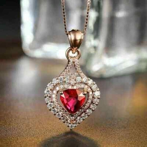 Lab Created Red Ruby 2.20Ct Heart Cut Double Halo Pendant 14k Rose Gold Plated - Picture 1 of 9