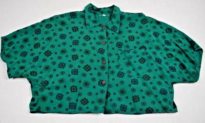 Vintage Shirt Oversized Size M/L 80s Emerald Blue Medallions Button Cropped Top - Image 1 of 4