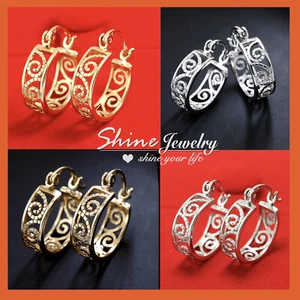 9K SILVER GOLD GF FILIGREE BAND WOMEN GIRL ROUND HOOP EARRINGS SLEEPER XMAS GIFT - Bild 1 von 5