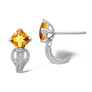 14K Solid White Gold Citrine Diamond Earrings - Picture 1 of 4