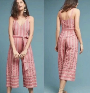 Anthropologie Ett:twa Robin Cropped Jumpsuit M Striped Seersucker Coral Ett twa - Picture 1 of 12