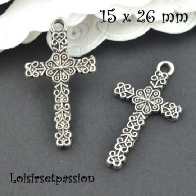 LOT de 3 CROIX COMMUNION MARIAGE ARGENTÉ * 15 x 26 mm * CHARM BRELOQUE - 076