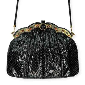 Bolso sin asas Judith Leiber piel de serpiente negro día noche piedras preciosas vintage gy - Imagen 1 de 11