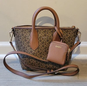DKNY Logo Valeya Brown Small Handbag Satchel with Keyholder Earpod Holder - Picture 1 of 9