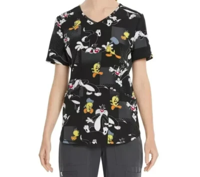 Scrubstar Looney Tunes Tweety Bird & Sylvester Black Scrub Top NWT Free ship! - Image 1 of 4
