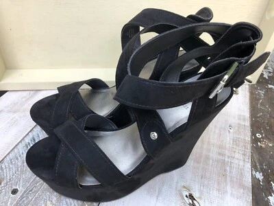 New !! G By Guess Black Fabric Heels Wedges Shimmer Strap Size 9.5M - Image 1 of 4