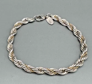 VINTAGE SIGNED EL STERLING SILVER ROPE CHAIN W/ GOLD TONE ACCENT BRACELET 6.75" - Picture 1 of 6