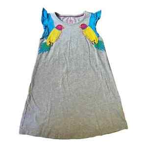 Mini Boden Gray Flutter Sleeve Dress Colorful Birds 100% Cotton Girl's 6 7 
