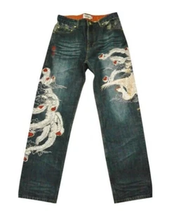 NEW Karakuri Tamashii Men's Denim Jeans White Phoenix Blue Size 34 Deadstock 34 - Picture 1 of 7