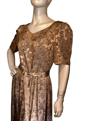 Vintage 1960’s Shiny Brocade Bronze Short Sleeve Full Swing Midi Party Dress S - Image 1 of 4
