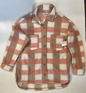 Sonoma Misses Plaid Peach And Ivory Fleece Long Shacket Size L New With Tags - Picture 1 of 6