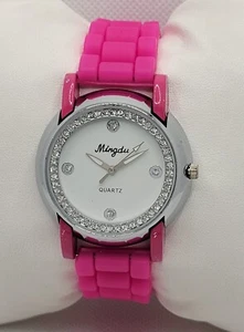 Ladies Fashion Stylish Round Silver Tone Pink Poly Band Analog Watch H1 - Picture 1 of 9
