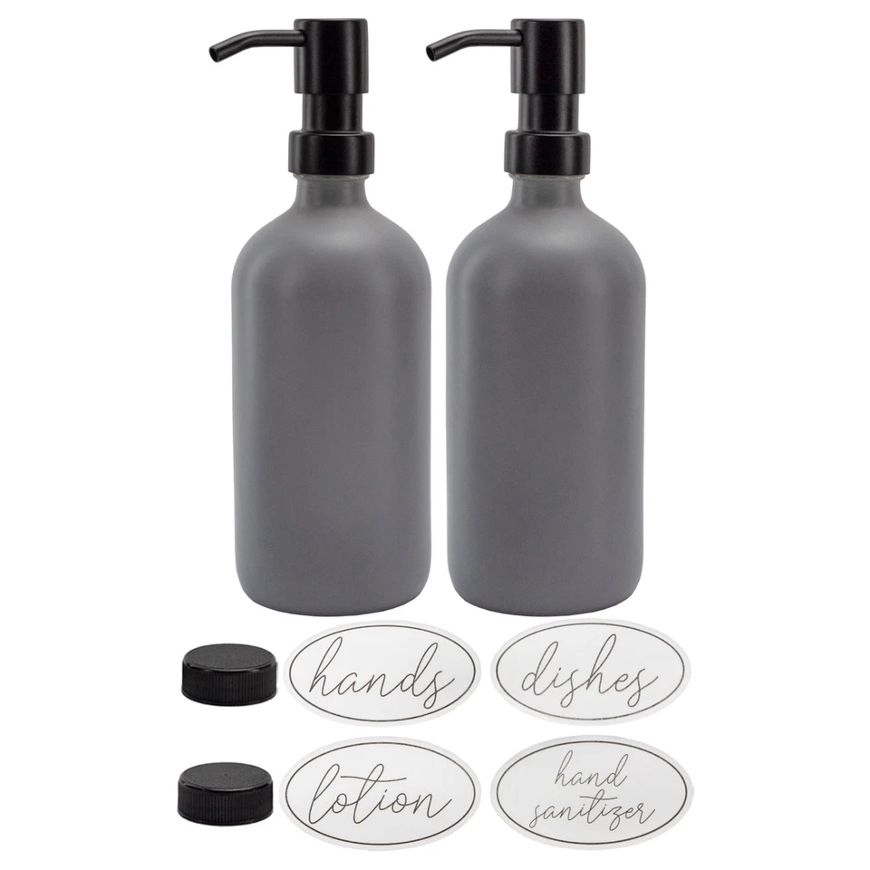16oz Glass Pump Bottles 2pk, Gray w/ Black w/ Brushed Metal Tops- Darware Foto 1 de 4