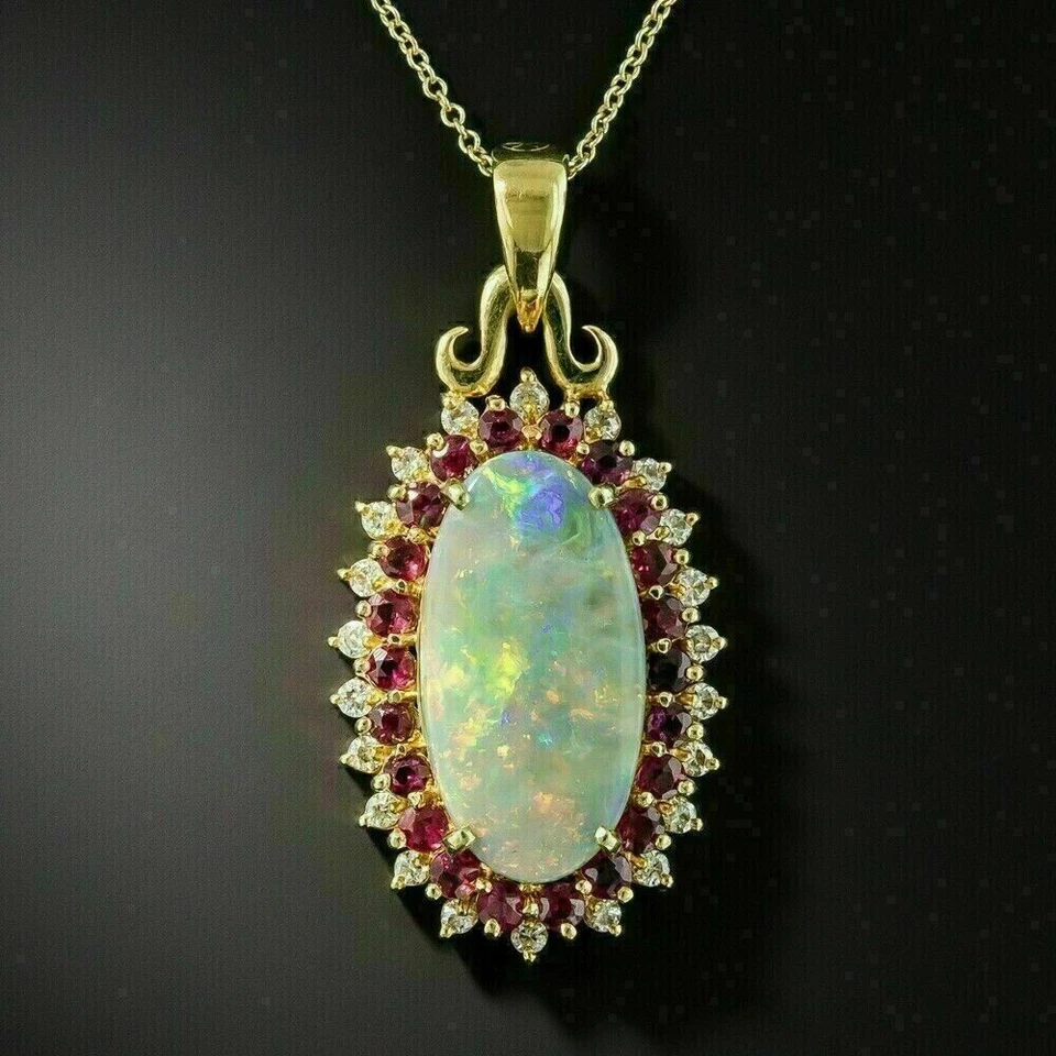 2Ct Oval Cut Lab Created Fire Opal Ruby Women's Pendant 14K Yellow Gold Plated - Image 1 of 4
