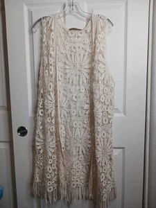 Gilet lungo stile batik e uncinetto Jessica Taylor boho Fairy Hippie avorio taglia unica - Foto 1 di 10