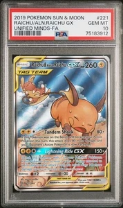 2019 POKEMON SUN & MOON UNIFIED MINDS FULL ART/RAICHU & ALOLAN RAICHU GX PSA 10 - Picture 1 of 2