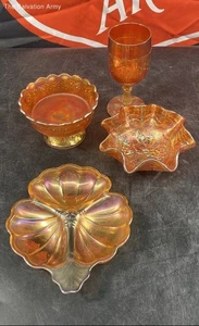 Vintage Marigold Iridescent Carnival Glass Serving Bowl And Goblet Dish Lot Of 4 - Picture 1 of 8