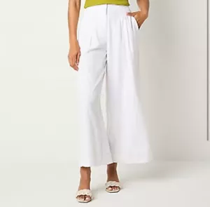 Worthington Linen Wide Leg Cropped Capri White Pants 16P Beach Comfort Slimmimg - Picture 1 of 8