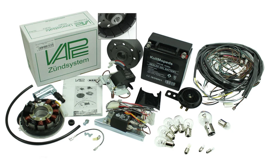 Vape 3 Set E Zündung für Simson S51 S50 S53 S70 Gel Akku Kabelbaum Lampen Hupe - Bild 1 von 1