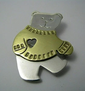 MIXED METALS BRASS STERLING SILVER PENDANT BROOCH TEDDY BEAR Taxco Mexico c1970s - Picture 1 of 12