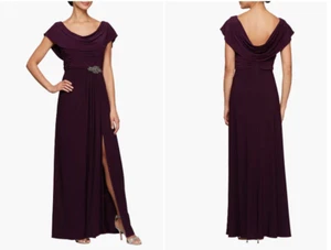 ALEX EVENINGS COWL NECK BEADED WAIST EGGPLANT GOWN sz 18W - Picture 1 of 7