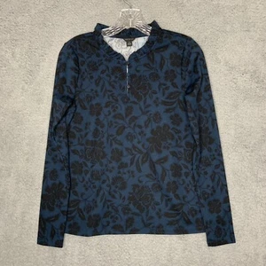 Ann Taylor Shirt Womens XS Blue Black Floral Ruffle High Neck Button Up Stretch - Bild 1 von 8