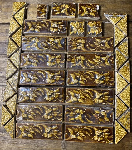 38pc Old Antique High Art Majolica Fireplace Tile Lot Brown/yellow Art Nouveau Cover