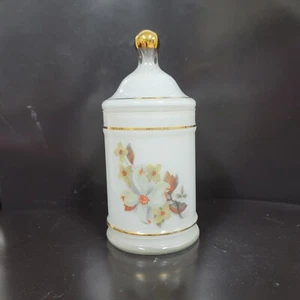 Vintage Boudoir Jar White Opaline Glass Vanity Dresser Decor Gold Detail Flowers - Picture 1 of 7