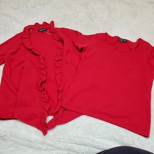 Jones New York Cherry Red Cashmere Ruffle Open Front Cardigan & Blouse Women M - Picture 1 of 10